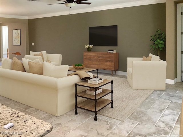 living room featuring ceiling fan and ornamental molding