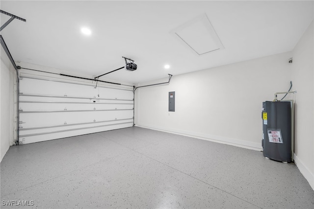 garage featuring a garage door opener, electric water heater, and electric panel