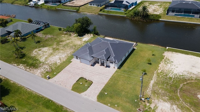 bird's eye view with a water view