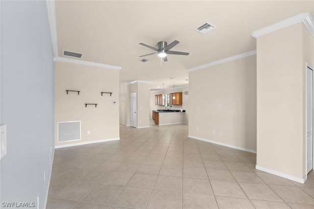 unfurnished living room with light tile patterned floors, ceiling fan, and crown molding