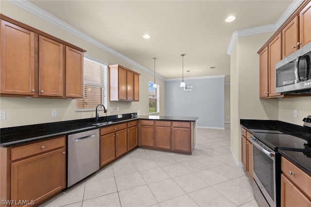 kitchen featuring appliances with stainless steel finishes, sink, kitchen peninsula, pendant lighting, and light tile patterned flooring