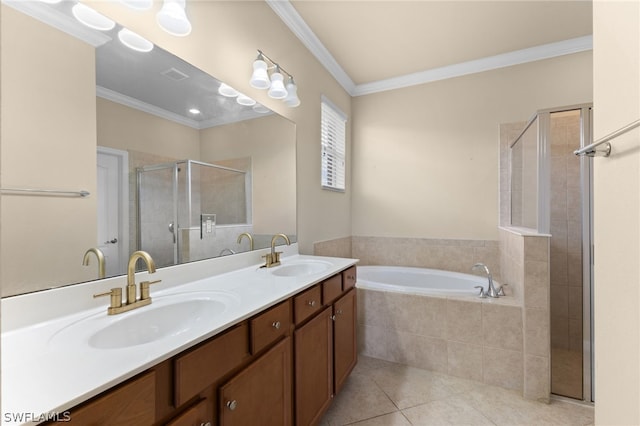 bathroom featuring tile patterned flooring, crown molding, plus walk in shower, and dual bowl vanity