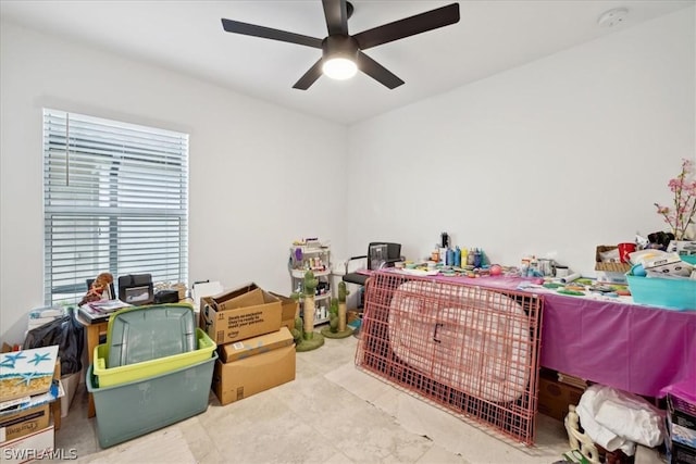 storage area featuring ceiling fan