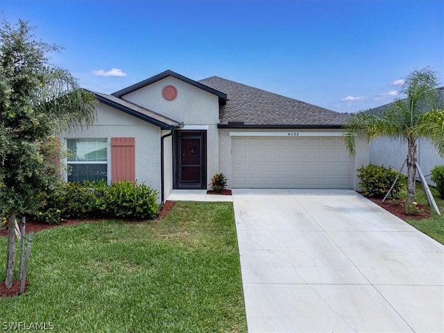 single story home with a garage and a front yard