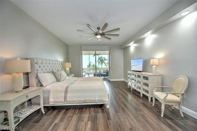 bedroom with dark hardwood / wood-style flooring, access to outside, and ceiling fan