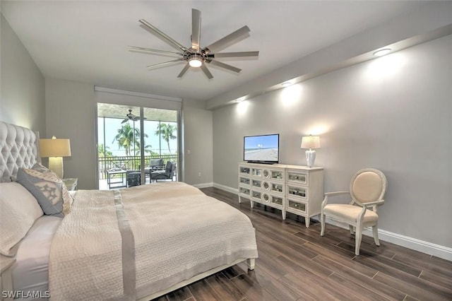 bedroom with ceiling fan, access to exterior, and dark wood-type flooring