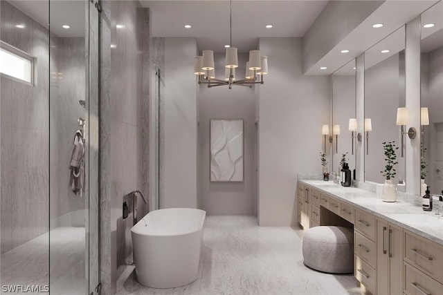 bathroom featuring a notable chandelier, plus walk in shower, and vanity