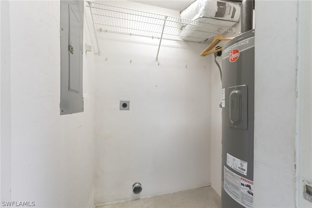 laundry area with electric panel, electric water heater, and hookup for an electric dryer