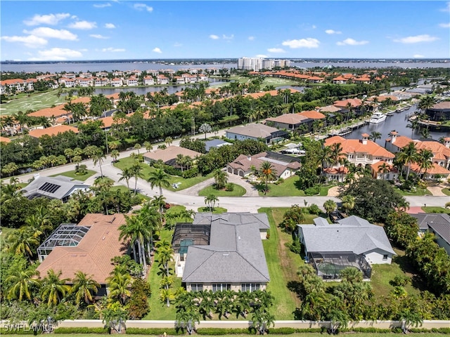 drone / aerial view featuring a water view