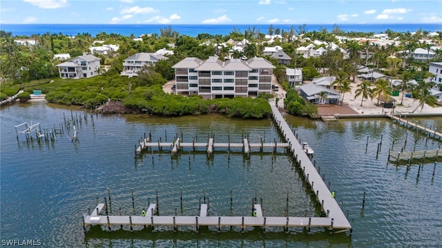 birds eye view of property with a water view