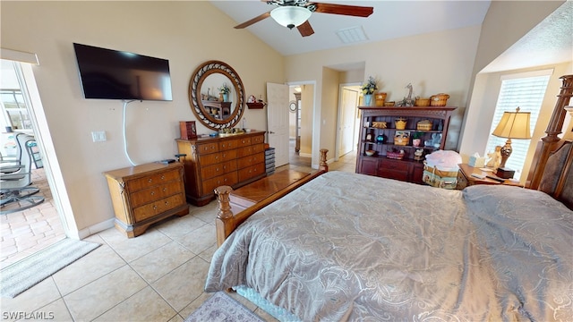 bedroom featuring light tile patterned flooring, ceiling fan, and lofted ceiling