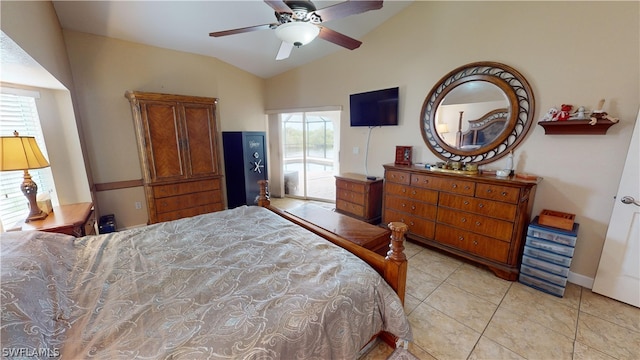 bedroom with ceiling fan, lofted ceiling, access to exterior, and light tile patterned floors