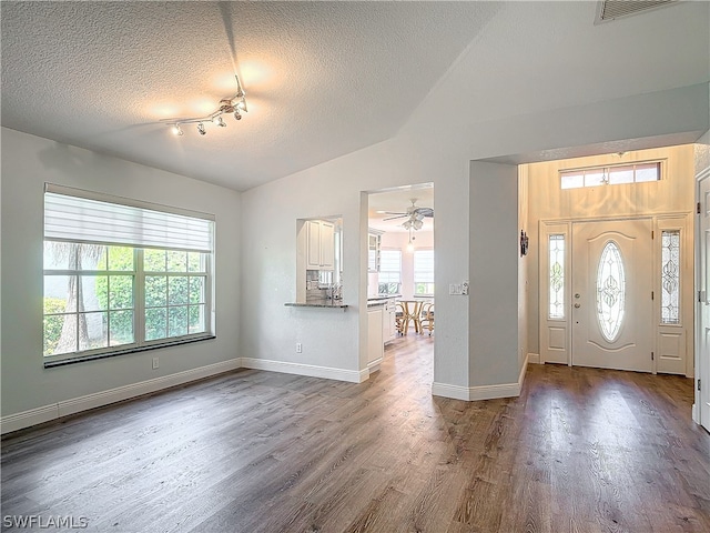 entryway featuring a textured ceiling, hardwood / wood-style flooring, lofted ceiling, ceiling fan, and track lighting