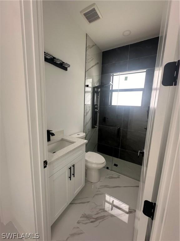 bathroom featuring vanity, toilet, and a shower with door