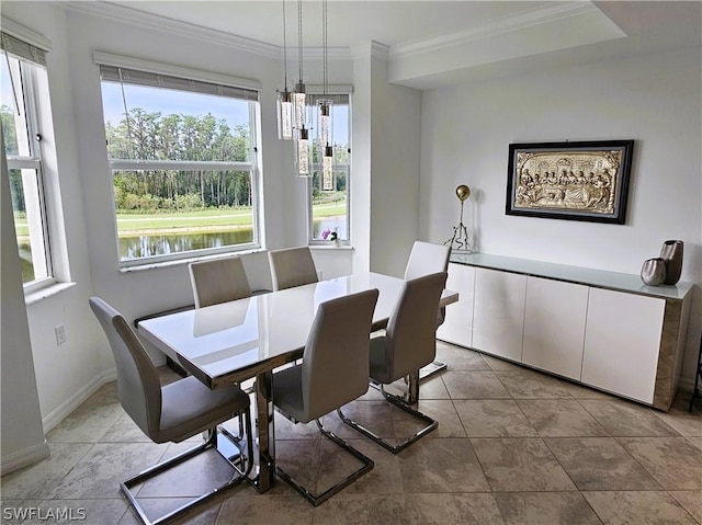 dining room with plenty of natural light, crown molding, and a water view