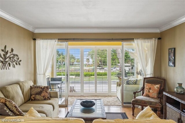 living room featuring ornamental molding and light hardwood / wood-style floors