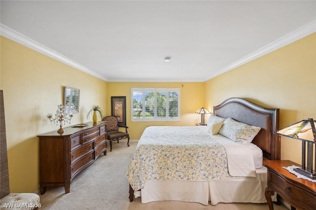 carpeted bedroom featuring ornamental molding