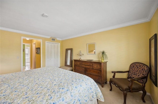 bedroom featuring light carpet, visible vents, and ornamental molding