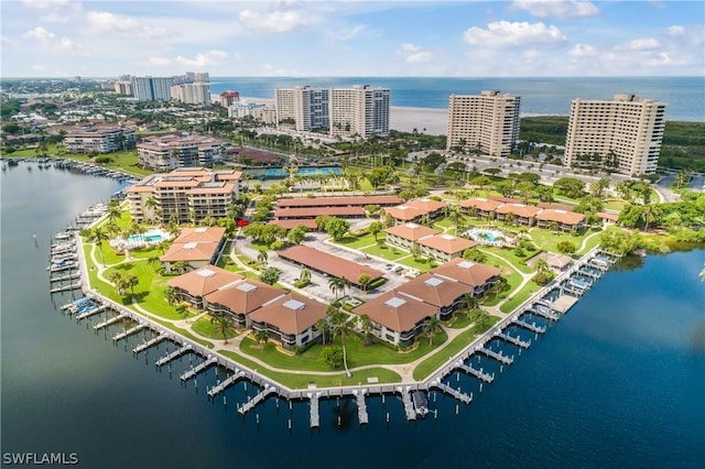 aerial view featuring a water view