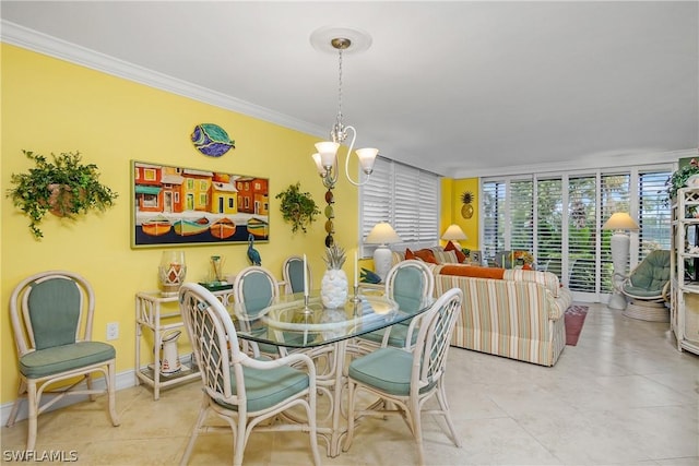 tiled dining space featuring expansive windows, an inviting chandelier, and crown molding