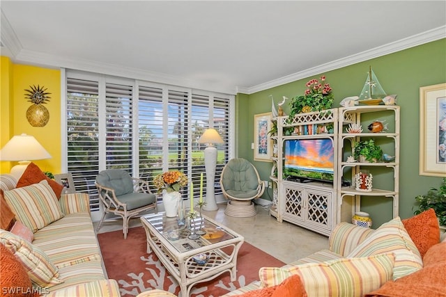 living room featuring crown molding