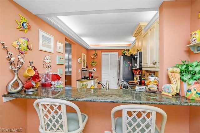 kitchen featuring kitchen peninsula, stainless steel appliances, and dark stone countertops