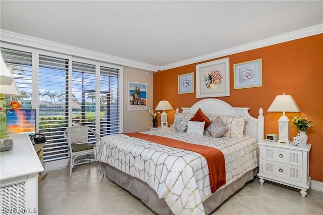 tiled bedroom featuring crown molding