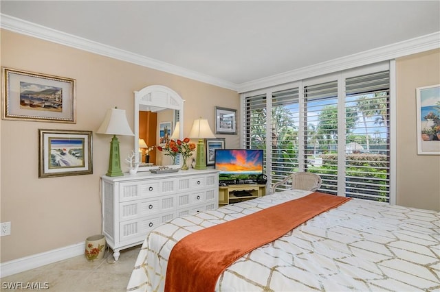 tiled bedroom with multiple windows and crown molding