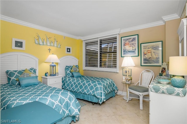 bedroom featuring light tile patterned floors and crown molding