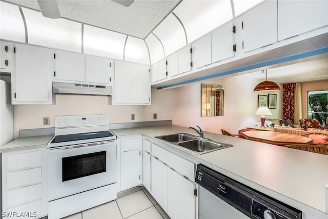 kitchen with electric range, dishwasher, a sink, light countertops, and under cabinet range hood