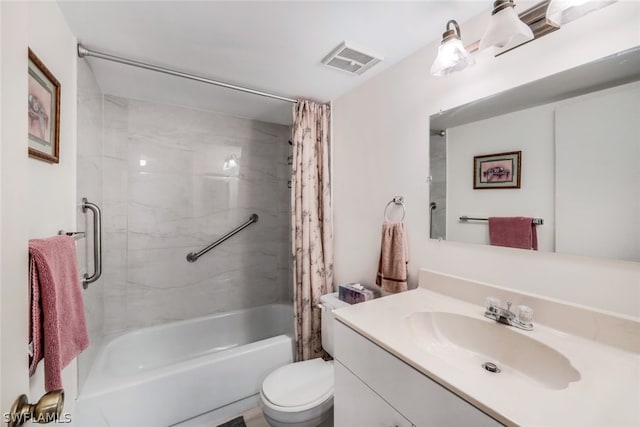 full bath featuring vanity, shower / tub combo, toilet, and visible vents