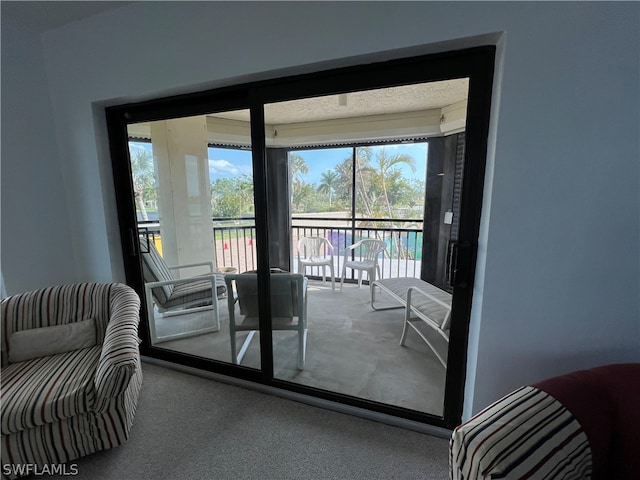 doorway with carpet flooring