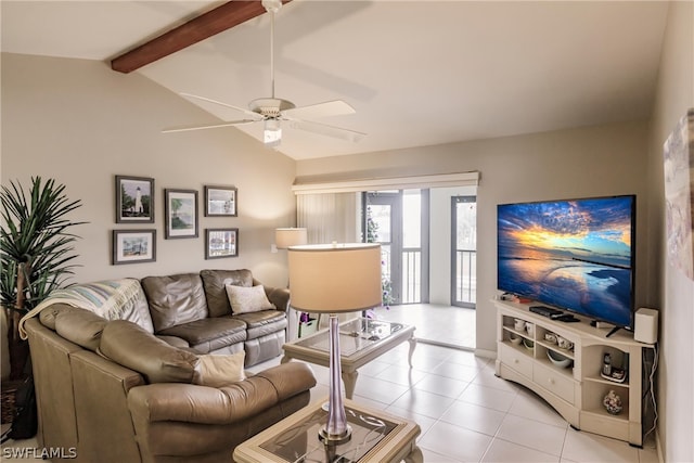 tiled living room featuring vaulted ceiling with beams and ceiling fan