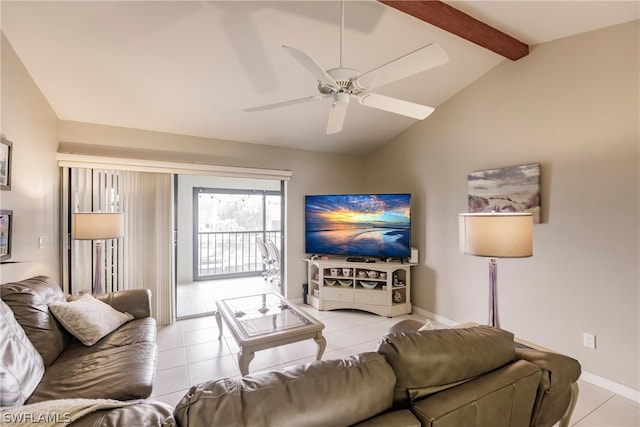 living room with ceiling fan, light tile patterned flooring, and lofted ceiling with beams