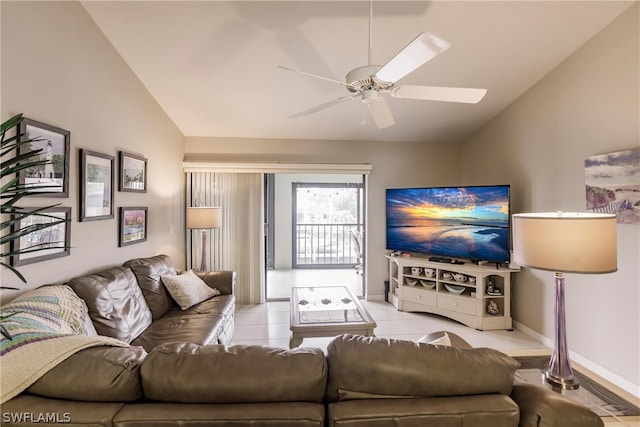 living room with light tile patterned floors, vaulted ceiling, and ceiling fan