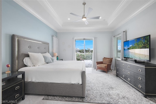 bedroom featuring access to exterior, a raised ceiling, ceiling fan, and crown molding