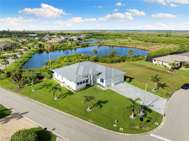 aerial view featuring a water view