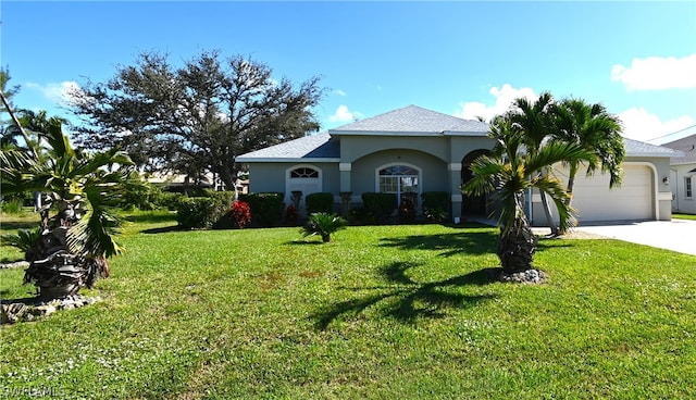 view of front of house with a garage and a front lawn