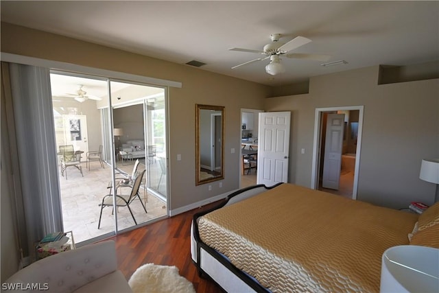 bedroom featuring ceiling fan, wood-type flooring, and access to exterior