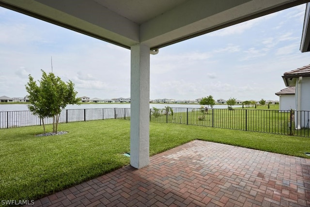 view of patio / terrace featuring a water view