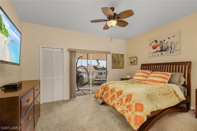 bedroom featuring a closet, access to outside, ceiling fan, and light colored carpet