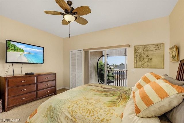 bedroom with access to outside, ceiling fan, a closet, and light carpet