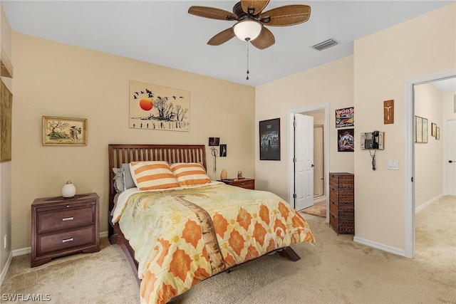 bedroom featuring ceiling fan and light colored carpet