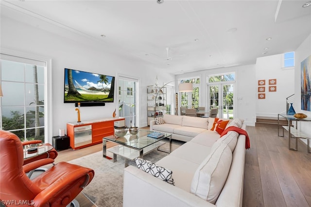 living room with light hardwood / wood-style floors and french doors