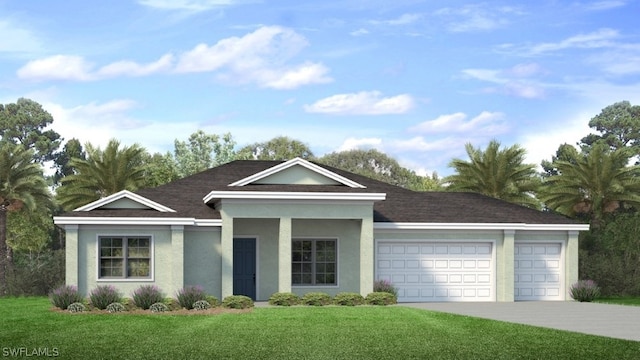 ranch-style house with a front lawn and a garage