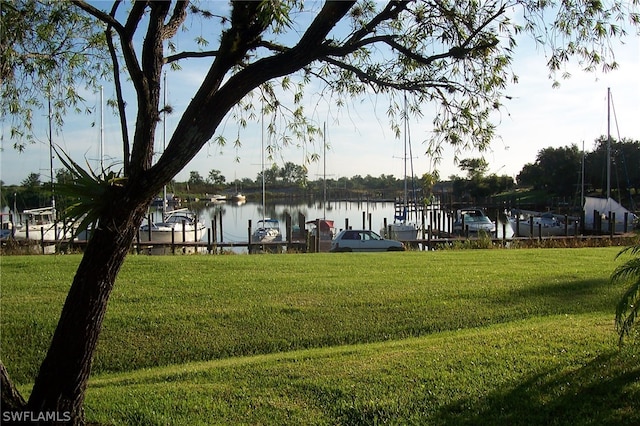 exterior space with a boat dock and a water view