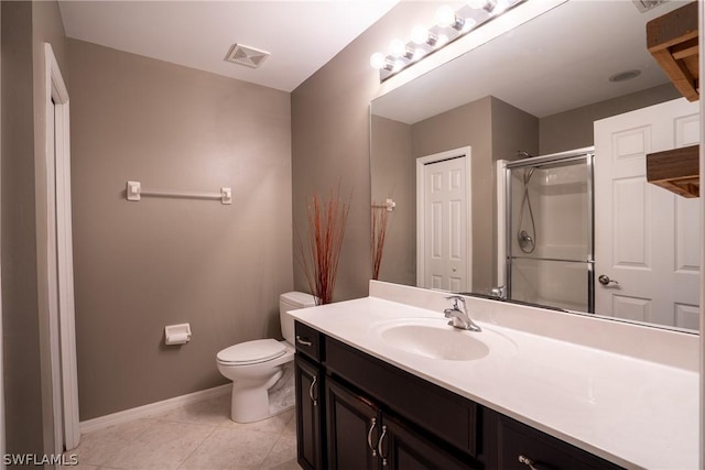 bathroom with tile patterned flooring, vanity, toilet, and walk in shower