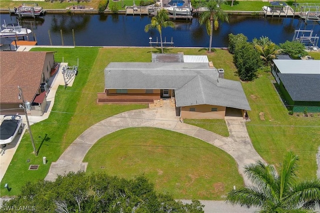 bird's eye view with a water view