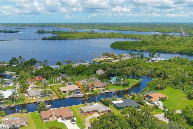 drone / aerial view with a water view