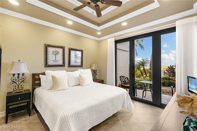 tiled bedroom with access to outside, a raised ceiling, ceiling fan, and crown molding